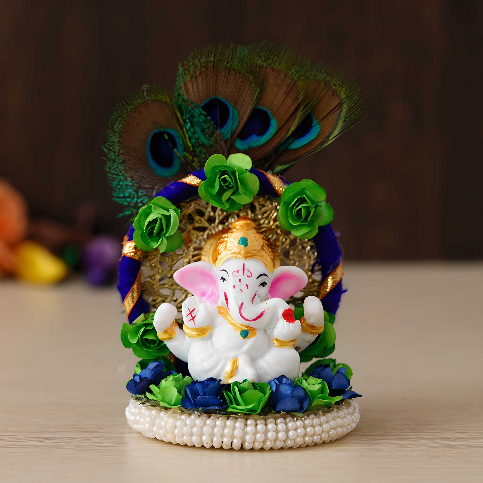 Lord Ganesha Idol on Decorative Handcrafted Floral Plate with Peacock Feather for Home and Car