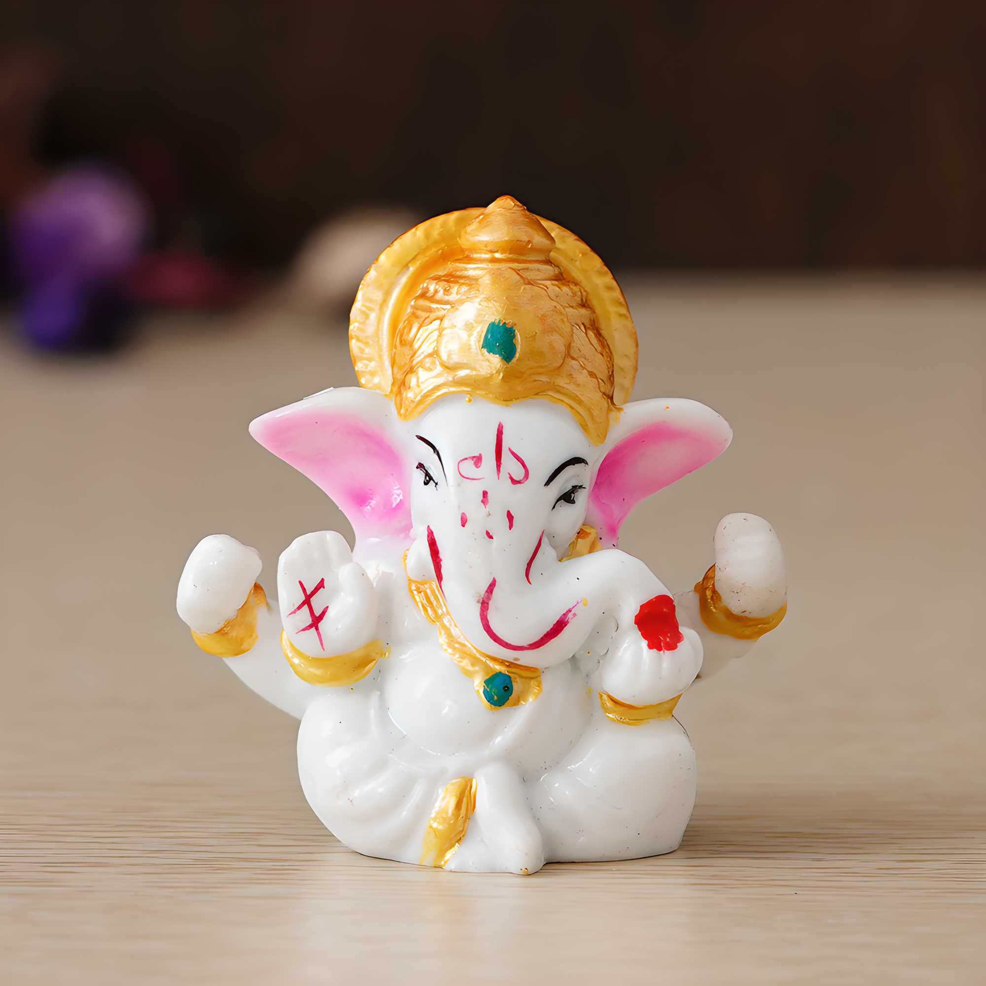 White Lord Ganesha Idol with Golden Mukut