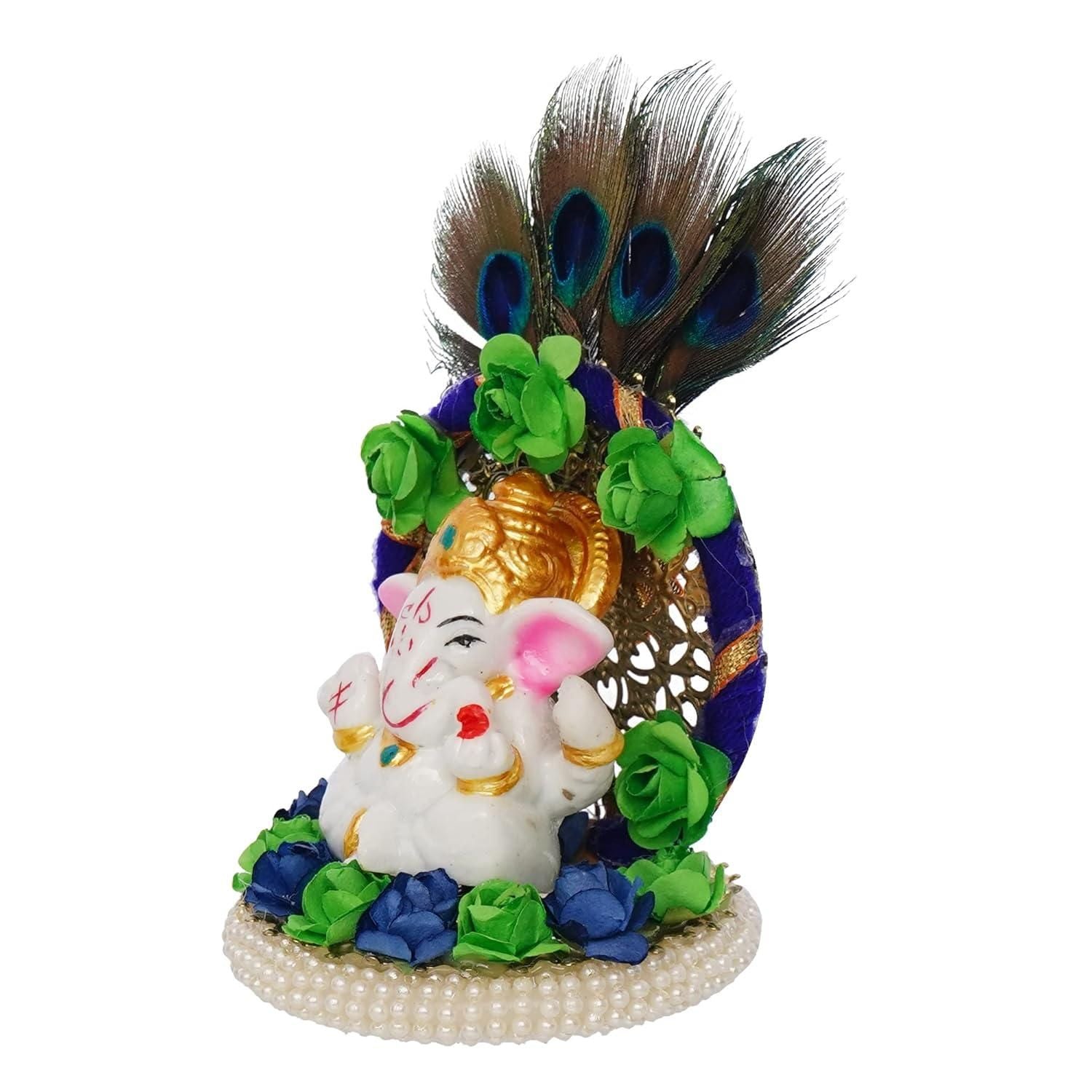 Lord Ganesha Idol on Decorative Handcrafted Floral Plate with Peacock Feather for Home and Car