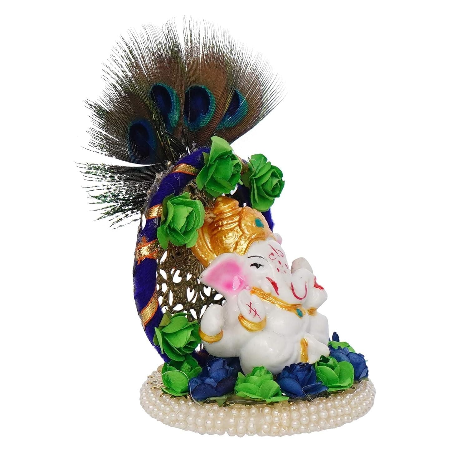 Lord Ganesha Idol on Decorative Handcrafted Floral Plate with Peacock Feather for Home and Car