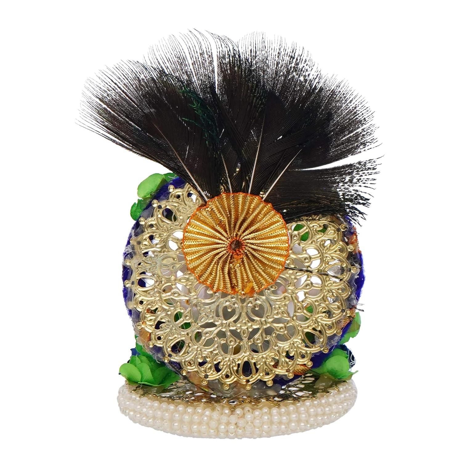 Lord Ganesha Idol on Decorative Handcrafted Floral Plate with Peacock Feather for Home and Car
