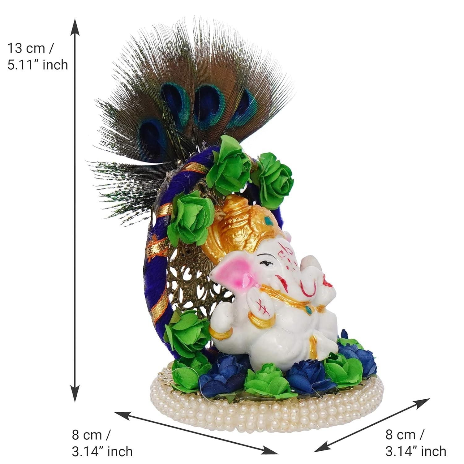 Lord Ganesha Idol on Decorative Handcrafted Floral Plate with Peacock Feather for Home and Car